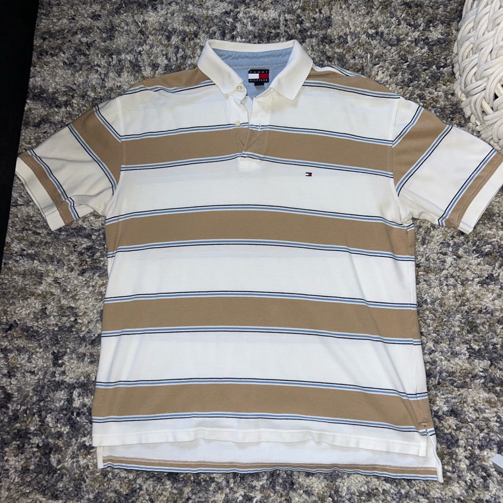 RARE Tommy Hilfiger Men's Polo Shirt in Tan and White Stripes